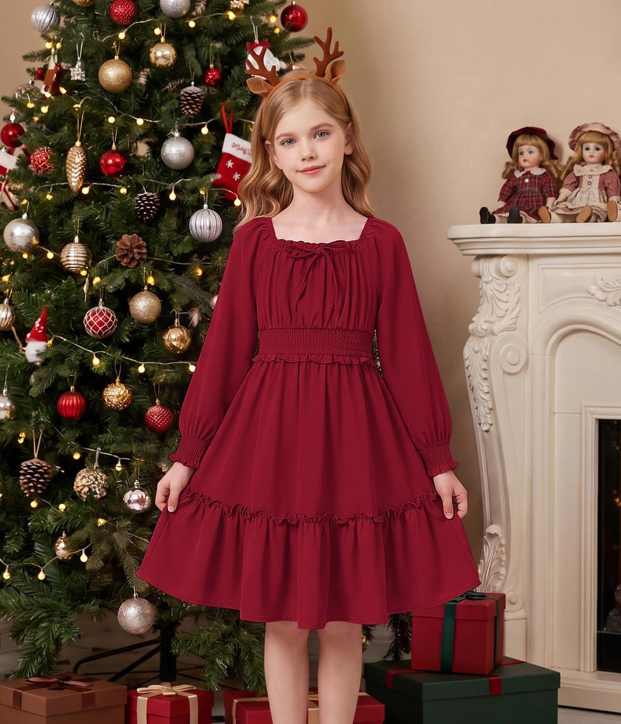 image:imageGRACE KARIN Girls Fall Long Sleeve Casual Ruffle Smocked Dresses Size 714Wine Red