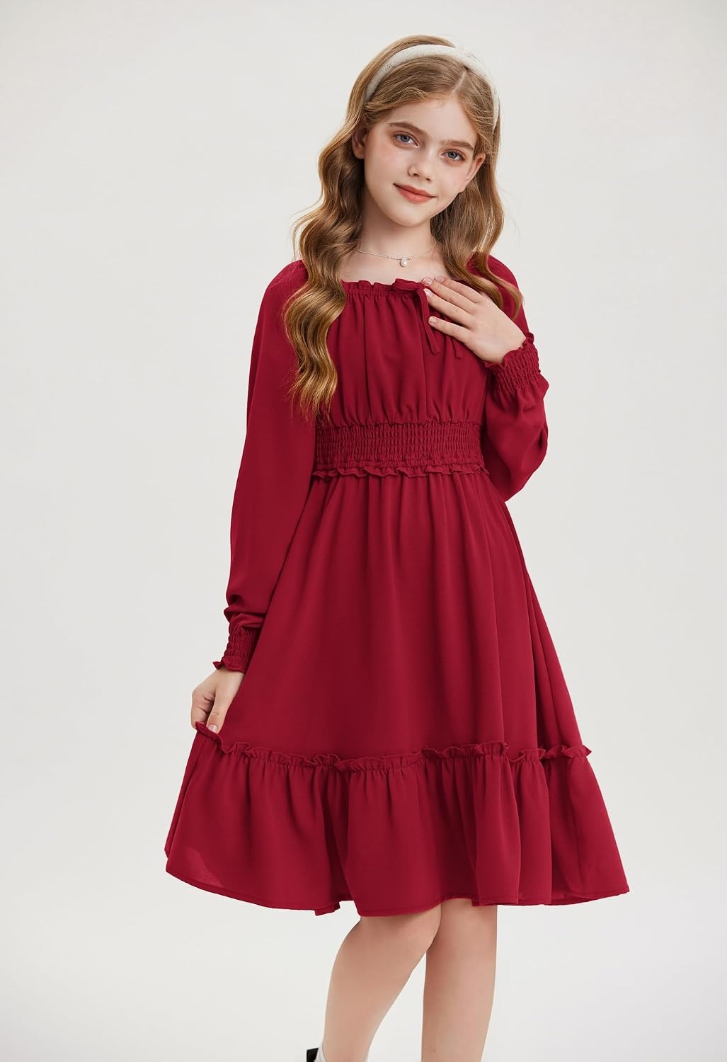 image:imageGRACE KARIN Girls Fall Long Sleeve Casual Ruffle Smocked Dresses Size 714Wine Red