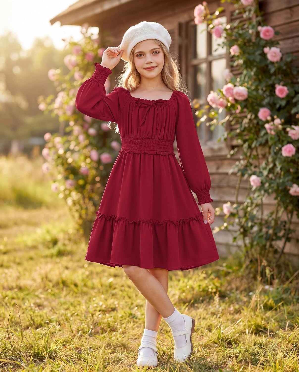 image:imageGRACE KARIN Girls Fall Long Sleeve Casual Ruffle Smocked Dresses Size 714Wine Red