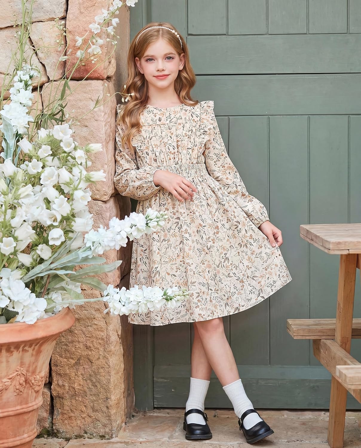 image:imageGRACE KARIN Girls Fall Long Sleeve Dress Floral Ruffle Dresses Size 714Apricot Floral