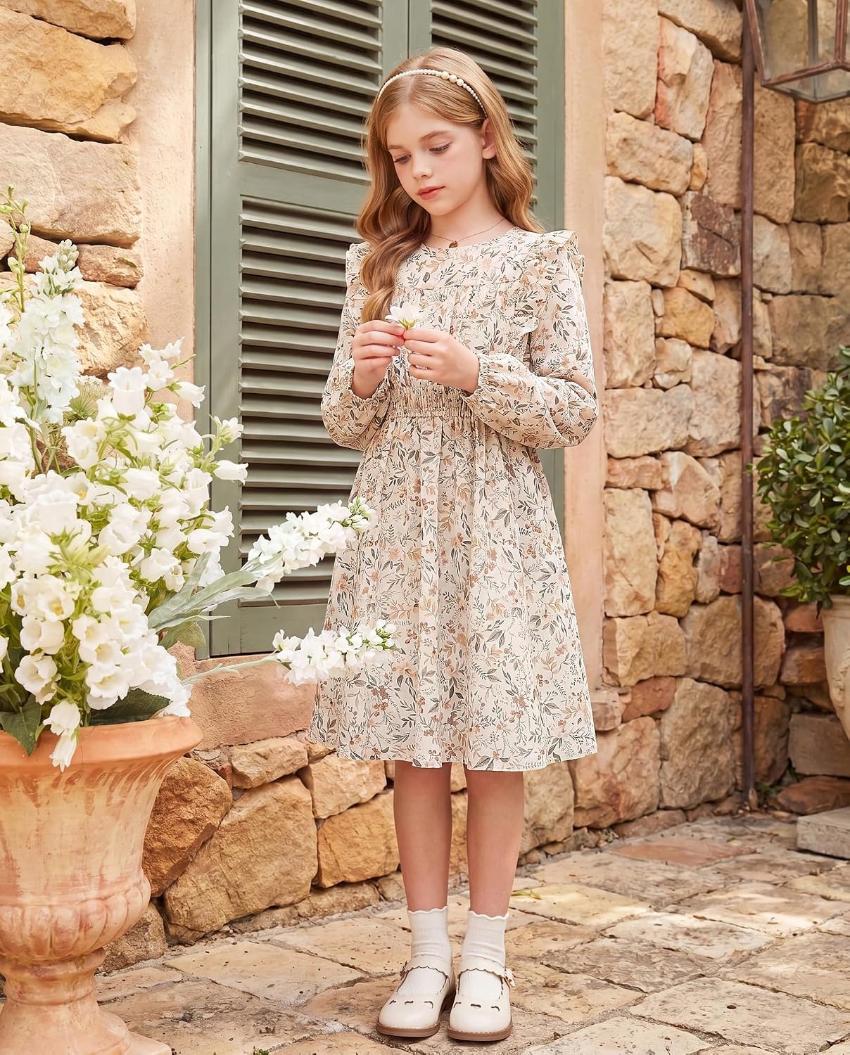 image:imageGRACE KARIN Girls Fall Long Sleeve Dress Floral Ruffle Dresses Size 714Apricot Floral