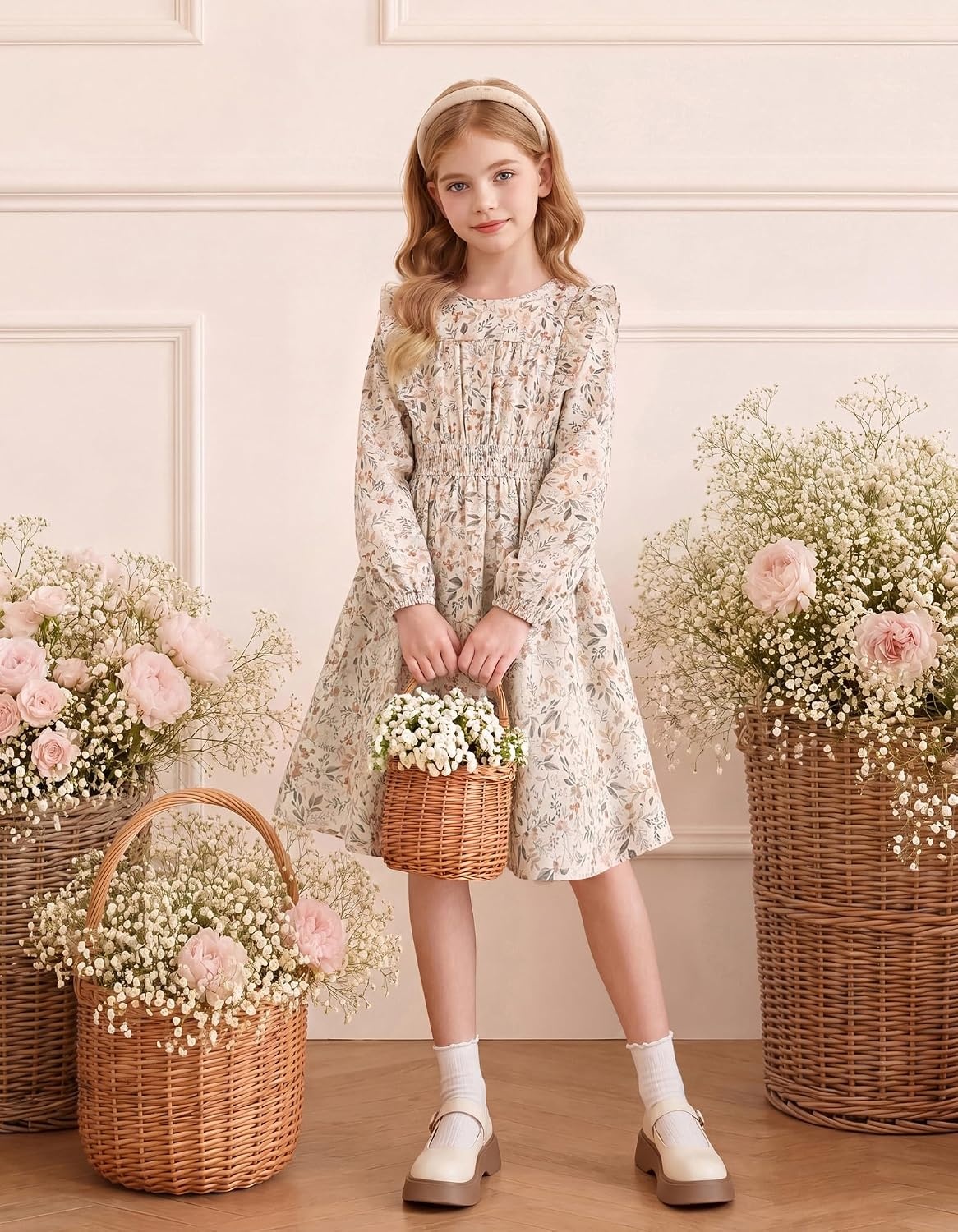 image:imageGRACE KARIN Girls Fall Long Sleeve Dress Floral Ruffle Dresses Size 714Apricot Floral