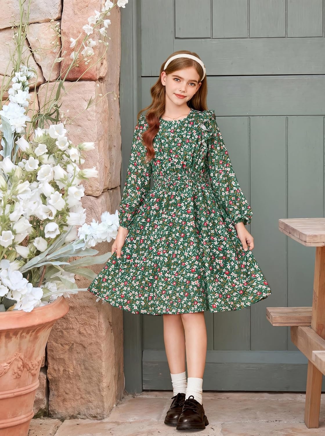 image:imageGRACE KARIN Girls Fall Long Sleeve Dress Floral Ruffle Dresses Size 714Dark Green Floral