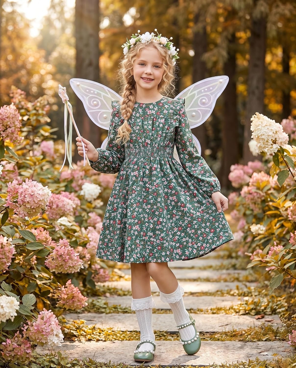 image:imageGRACE KARIN Girls Fall Long Sleeve Dress Floral Ruffle Dresses Size 714Dark Green Floral