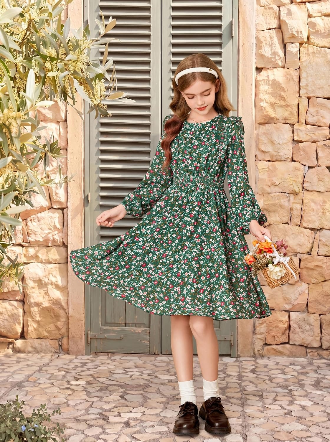 image:imageGRACE KARIN Girls Fall Long Sleeve Dress Floral Ruffle Dresses Size 714Dark Green Floral