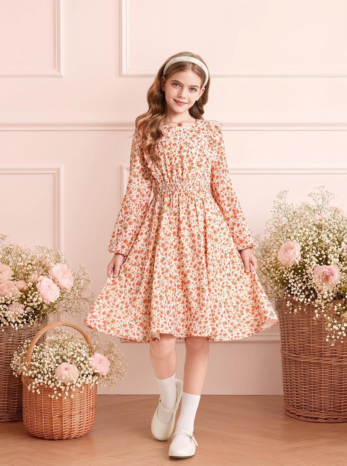 image:imageGRACE KARIN Girls Fall Long Sleeve Dress Floral Ruffle Dresses Size 714Light Orange Floral