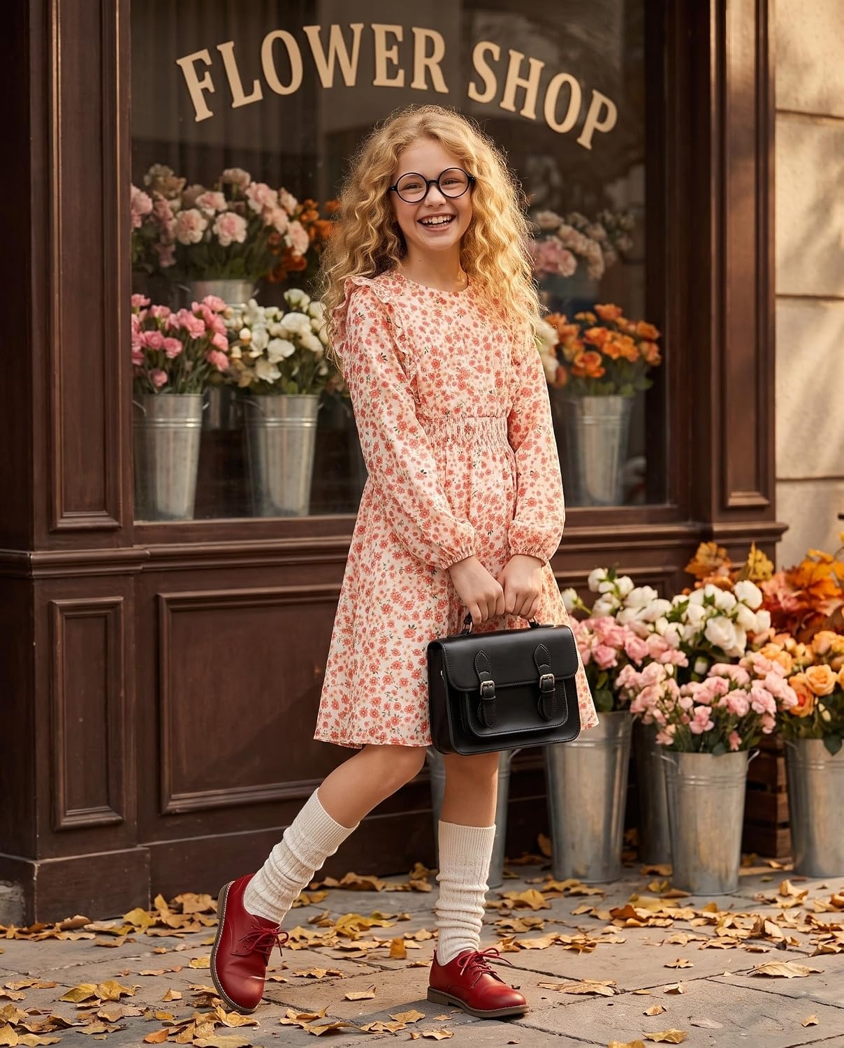 image:imageGRACE KARIN Girls Fall Long Sleeve Dress Floral Ruffle Dresses Size 714Light Orange Floral