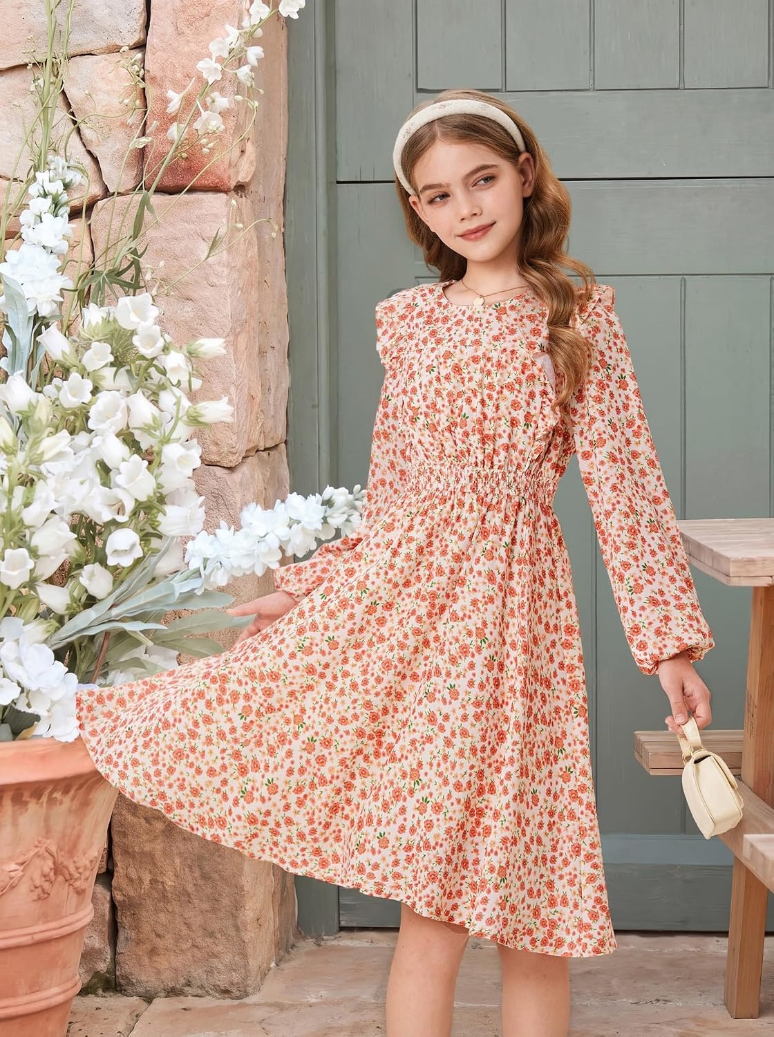 image:imageGRACE KARIN Girls Fall Long Sleeve Dress Floral Ruffle Dresses Size 714Light Orange Floral