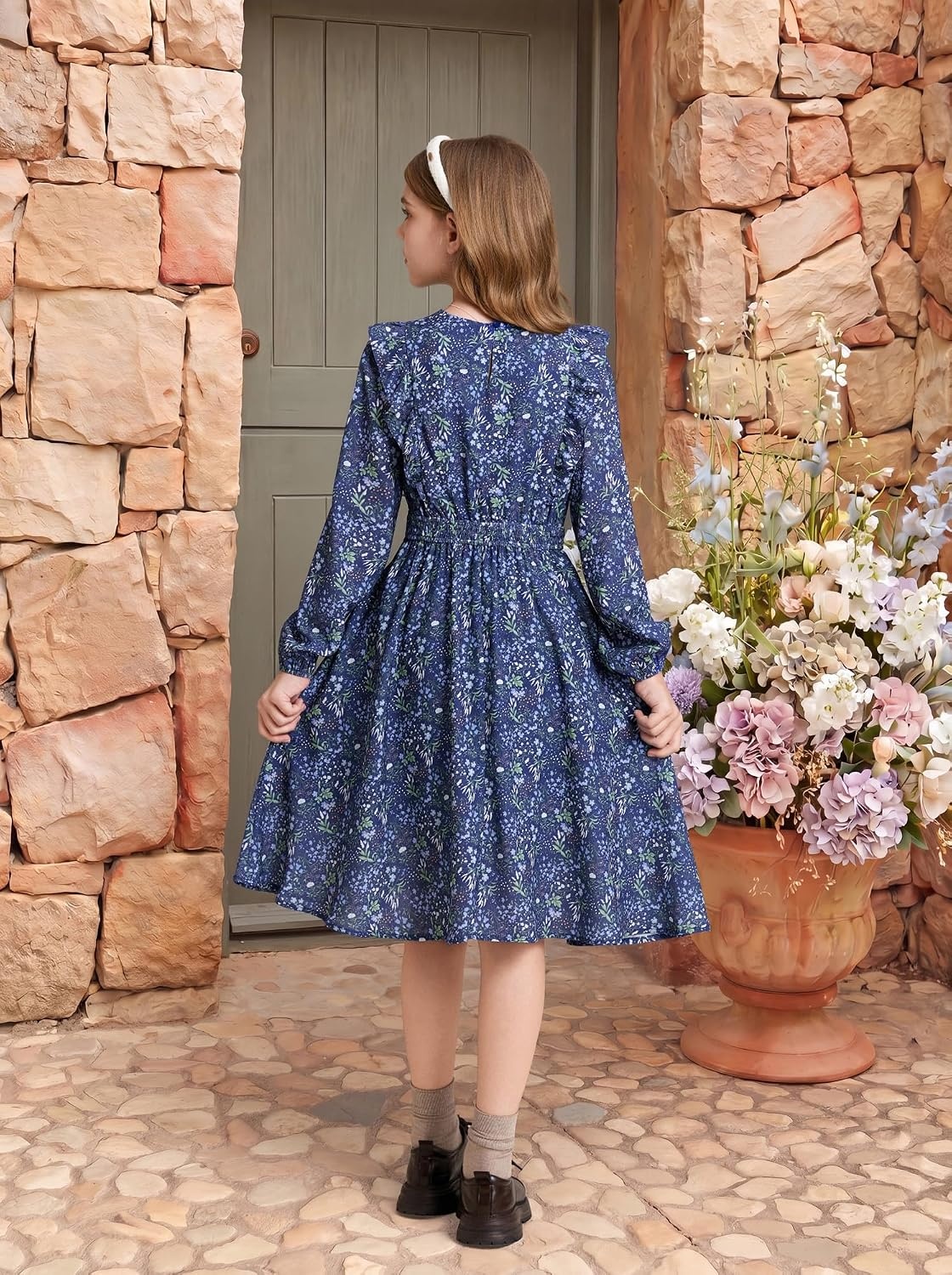 image:imageGRACE KARIN Girls Fall Long Sleeve Dress Floral Ruffle Dresses Size 714Navy Blue Floral