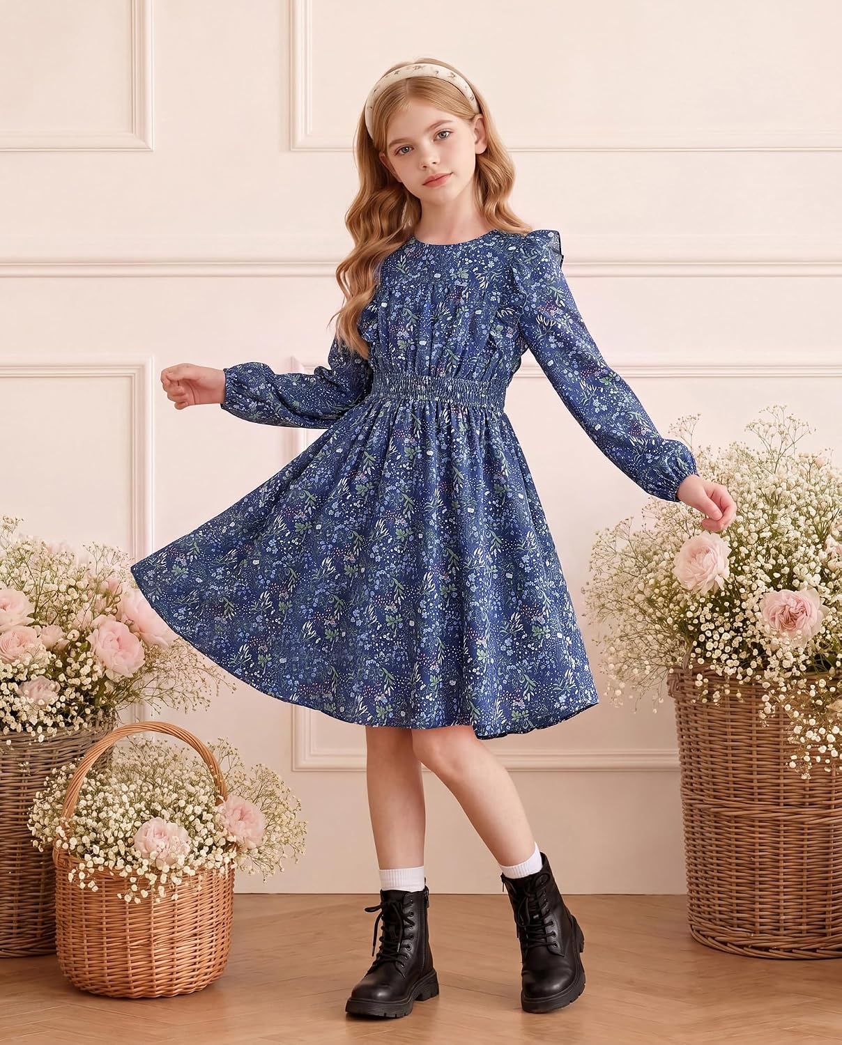 image:imageGRACE KARIN Girls Fall Long Sleeve Dress Floral Ruffle Dresses Size 714Navy Blue Floral