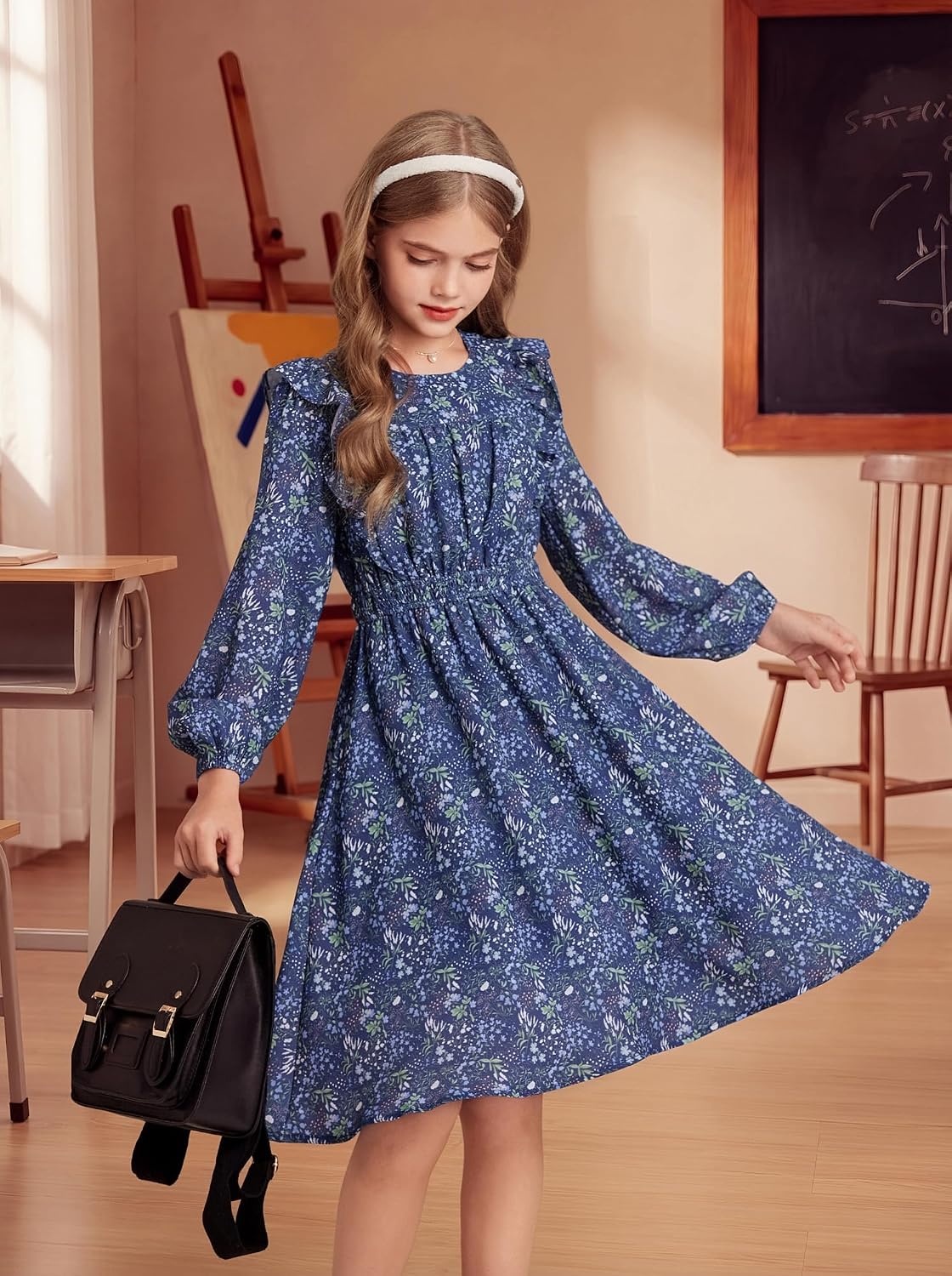 image:imageGRACE KARIN Girls Fall Long Sleeve Dress Floral Ruffle Dresses Size 714Navy Blue Floral