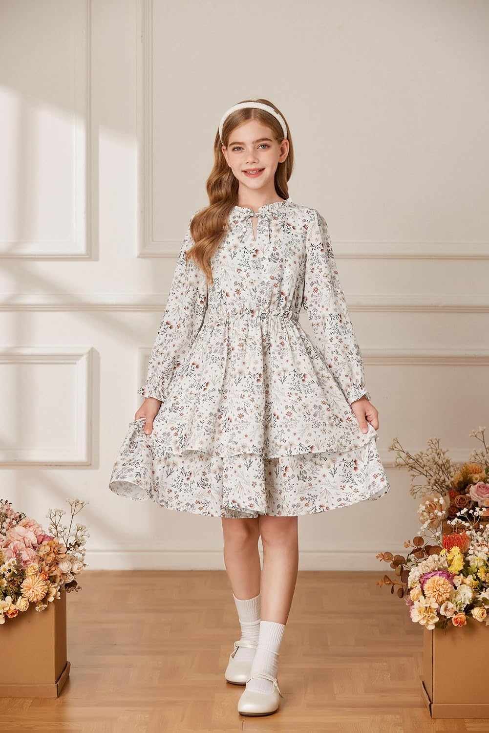 image:imageGRACE KARIN Girls Fall Long Sleeve Floral Casual Tie Neck Dresses Size 714Apricotbrown Floral