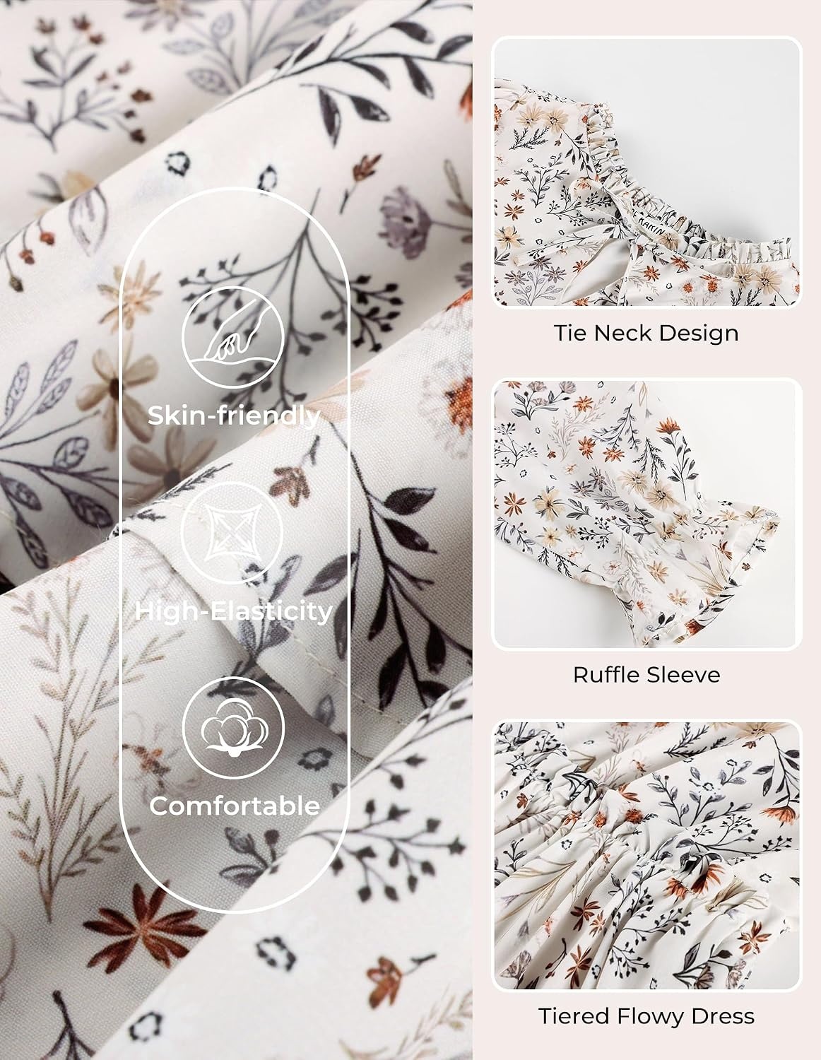image:imageGRACE KARIN Girls Fall Long Sleeve Floral Casual Tie Neck Dresses Size 714Apricotbrown Floral