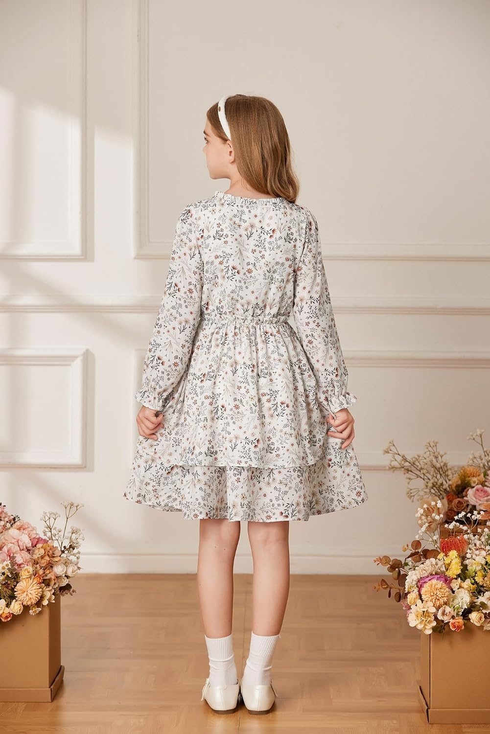 image:imageGRACE KARIN Girls Fall Long Sleeve Floral Casual Tie Neck Dresses Size 714Apricotbrown Floral