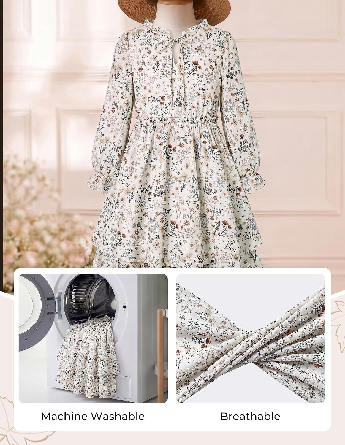 image:imageGRACE KARIN Girls Fall Long Sleeve Floral Casual Tie Neck Dresses Size 714Apricotbrown Floral