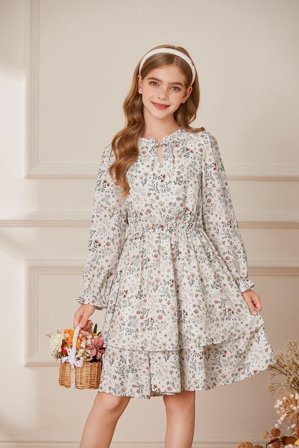 image:imageGRACE KARIN Girls Fall Long Sleeve Floral Casual Tie Neck Dresses Size 714Apricotbrown Floral