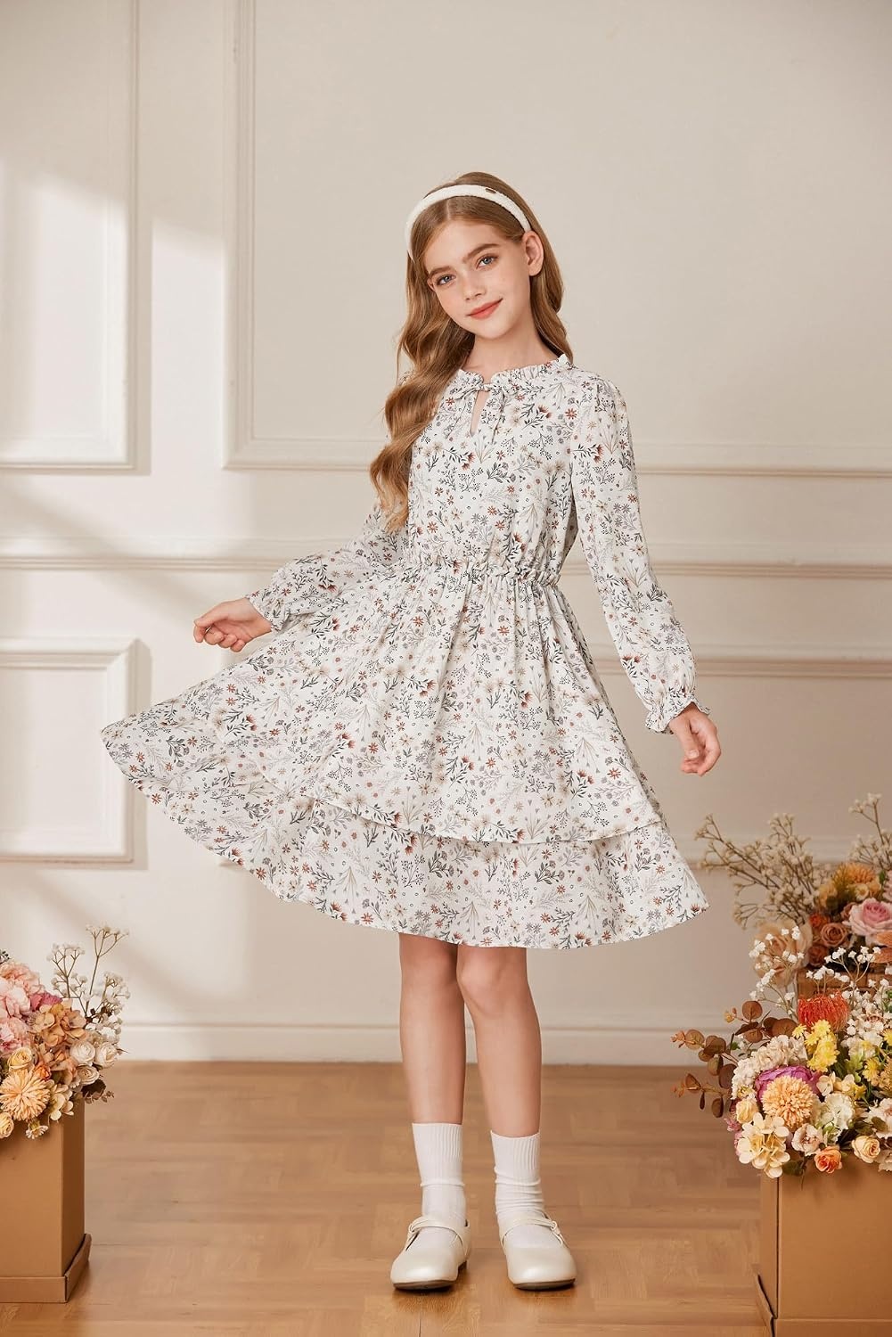 image:imageGRACE KARIN Girls Fall Long Sleeve Floral Casual Tie Neck Dresses Size 714Apricotbrown Floral
