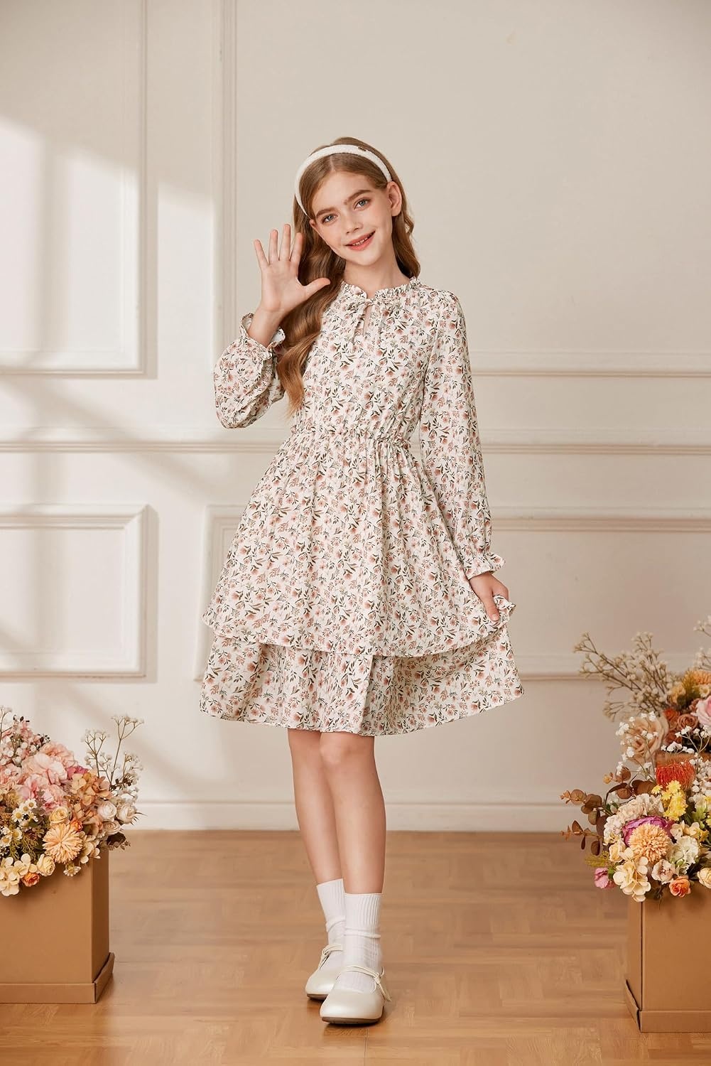 image:imageGRACE KARIN Girls Fall Long Sleeve Floral Casual Tie Neck Dresses Size 714Apricotgray Orange Floral