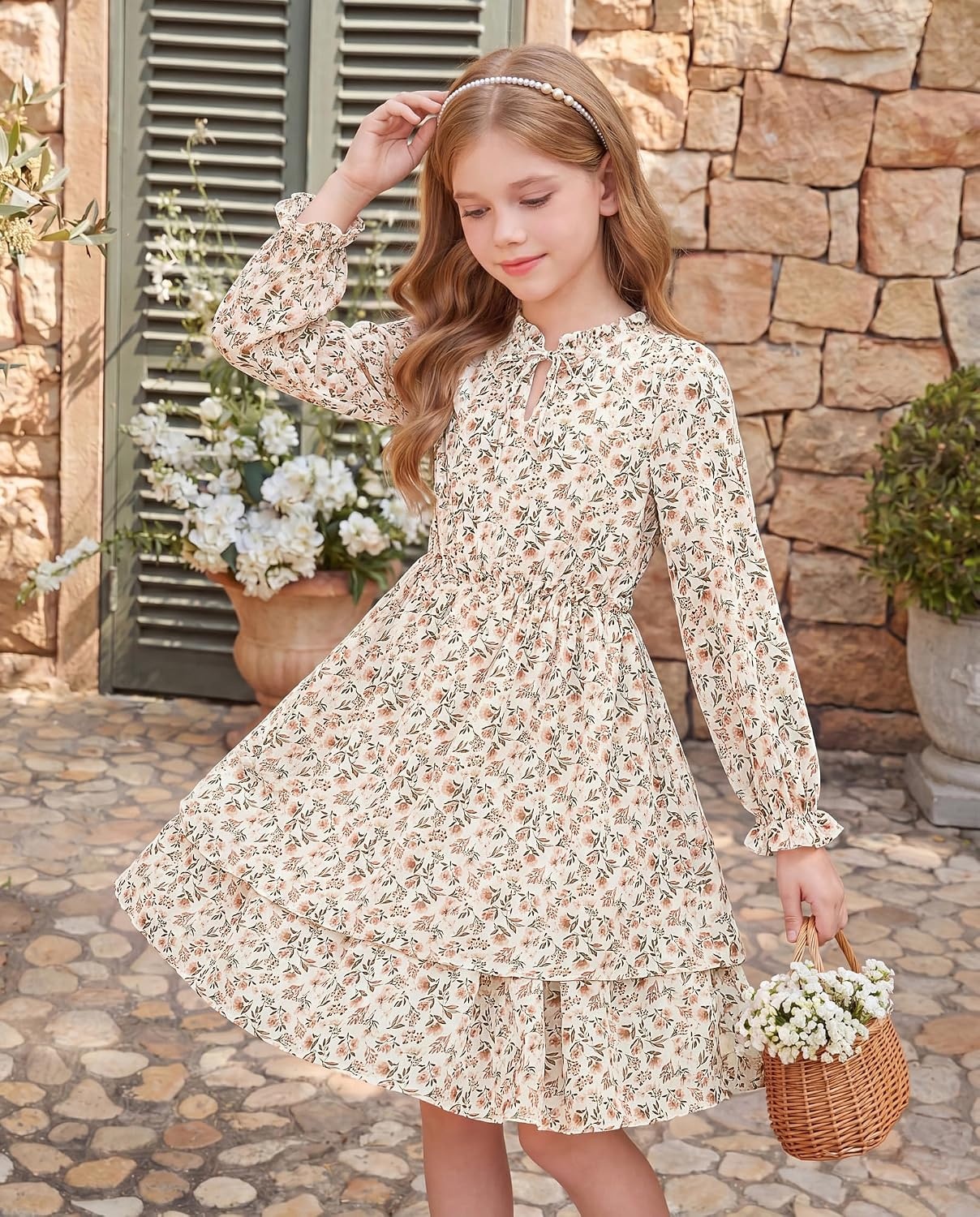 image:imageGRACE KARIN Girls Fall Long Sleeve Floral Casual Tie Neck Dresses Size 714Apricotgray Orange Floral