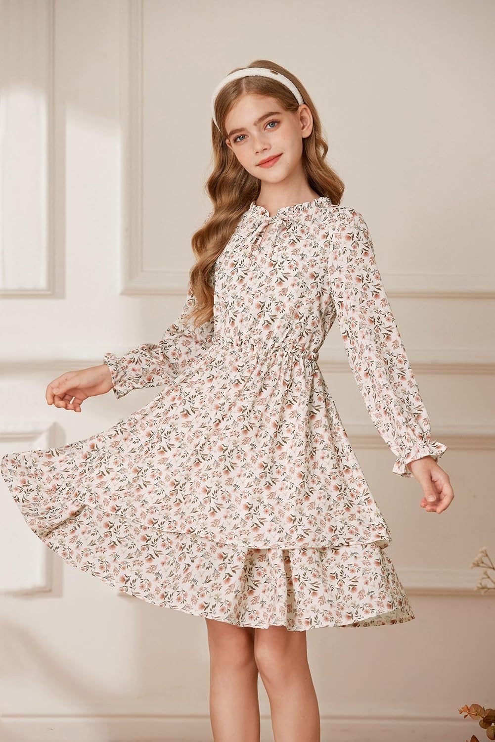 image:imageGRACE KARIN Girls Fall Long Sleeve Floral Casual Tie Neck Dresses Size 714Apricotgray Orange Floral