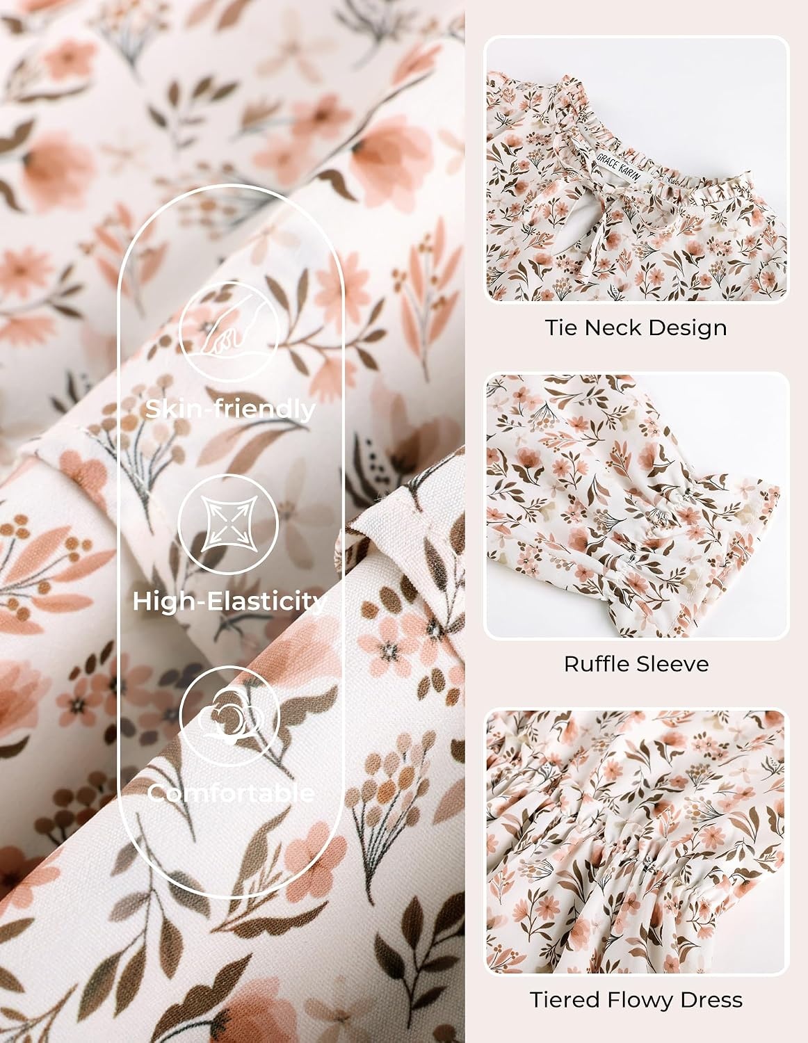image:imageGRACE KARIN Girls Fall Long Sleeve Floral Casual Tie Neck Dresses Size 714Apricotgray Orange Floral