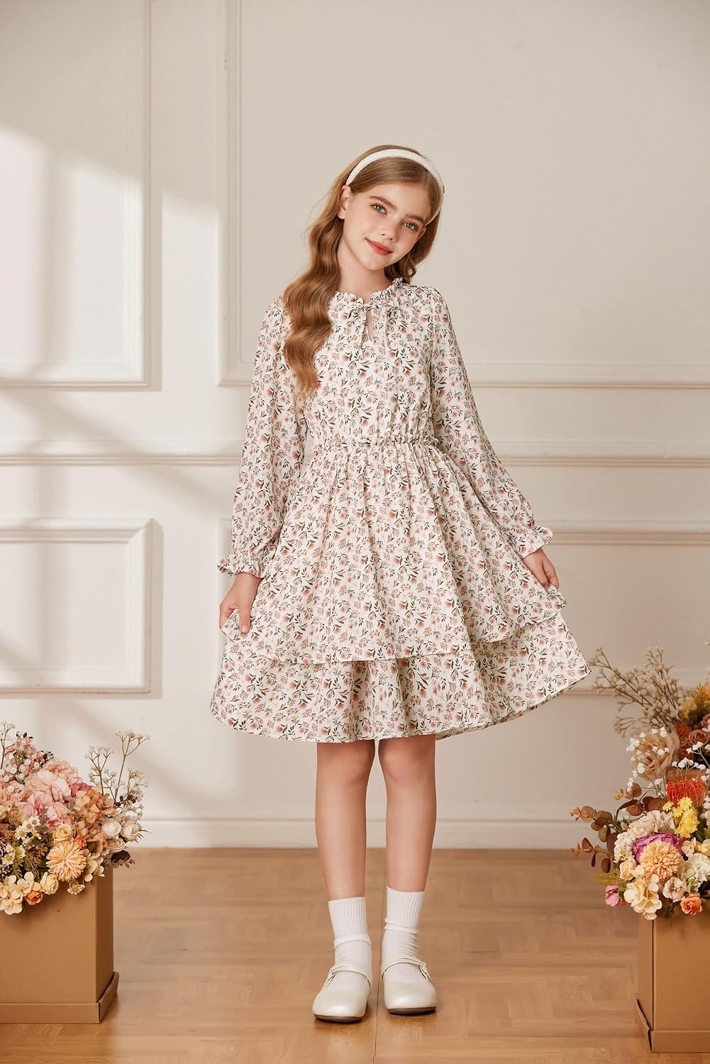 image:imageGRACE KARIN Girls Fall Long Sleeve Floral Casual Tie Neck Dresses Size 714Apricotgray Orange Floral