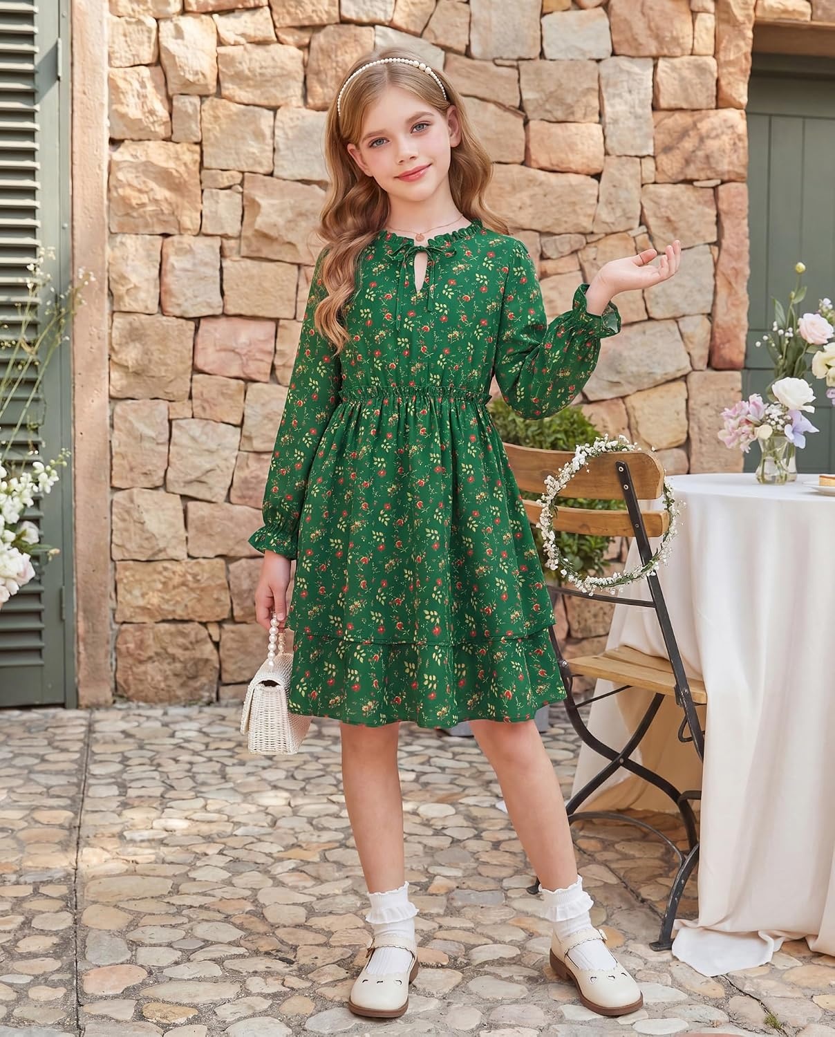 image:imageGRACE KARIN Girls Fall Long Sleeve Floral Casual Tie Neck Dresses Size 714Dark Green