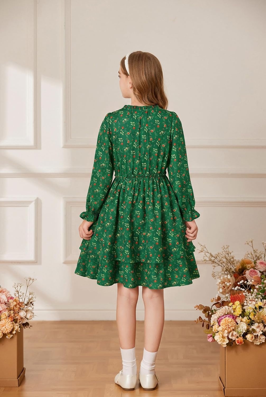 image:imageGRACE KARIN Girls Fall Long Sleeve Floral Casual Tie Neck Dresses Size 714Dark Green