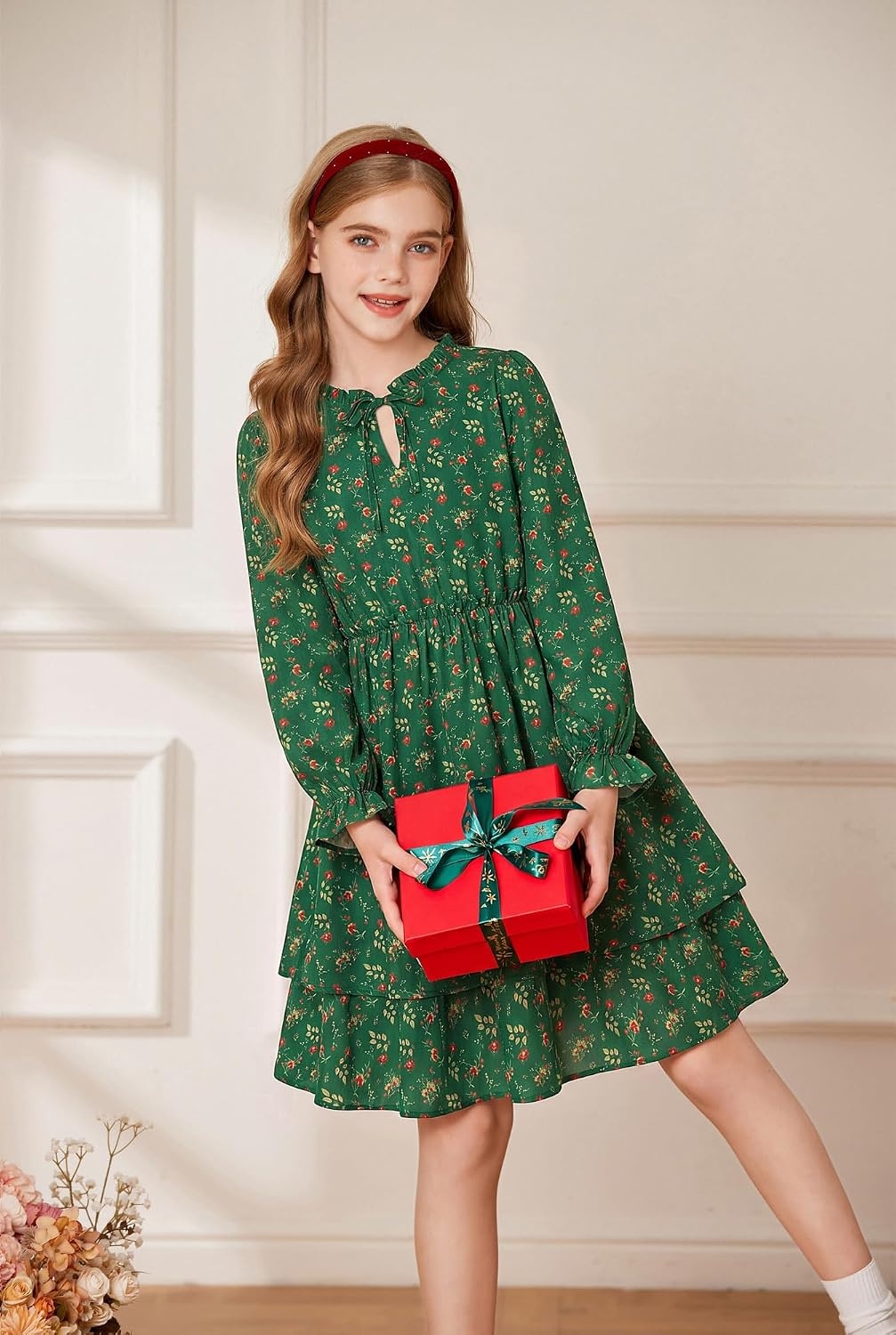 image:imageGRACE KARIN Girls Fall Long Sleeve Floral Casual Tie Neck Dresses Size 714Dark Green