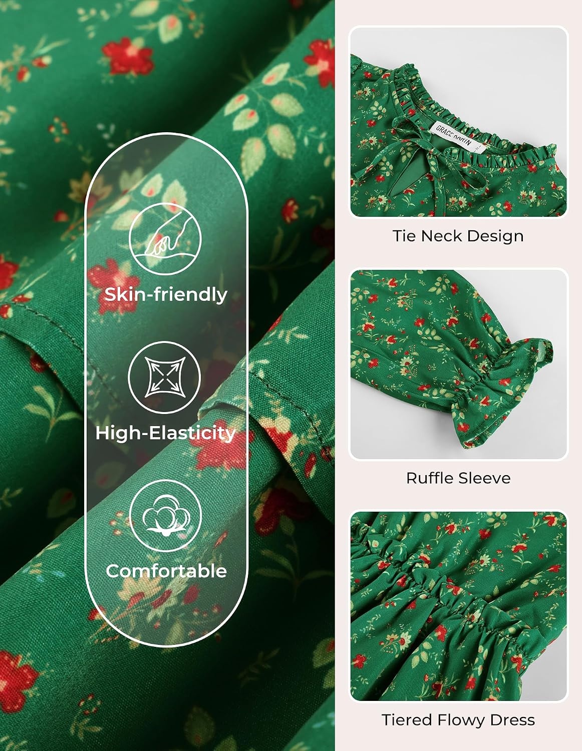 image:imageGRACE KARIN Girls Fall Long Sleeve Floral Casual Tie Neck Dresses Size 714Dark Green