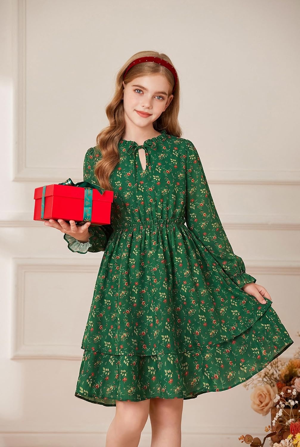 image:imageGRACE KARIN Girls Fall Long Sleeve Floral Casual Tie Neck Dresses Size 714Dark Green