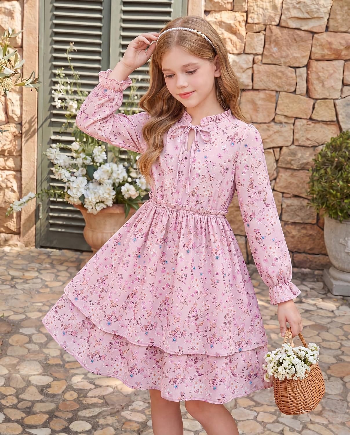 image:imageGRACE KARIN Girls Fall Long Sleeve Floral Casual Tie Neck Dresses Size 714Gray Pink Floral