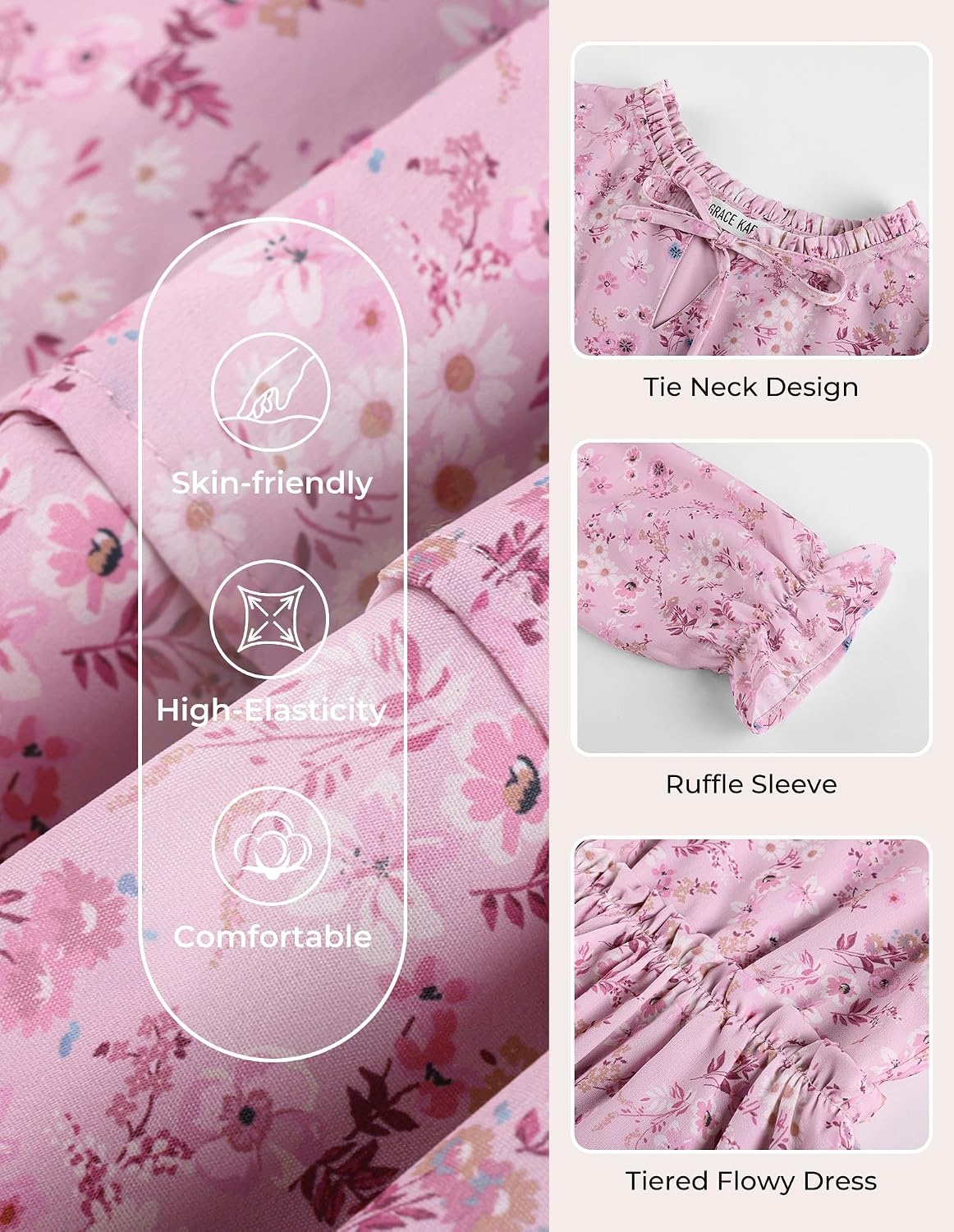 image:imageGRACE KARIN Girls Fall Long Sleeve Floral Casual Tie Neck Dresses Size 714Gray Pink Floral