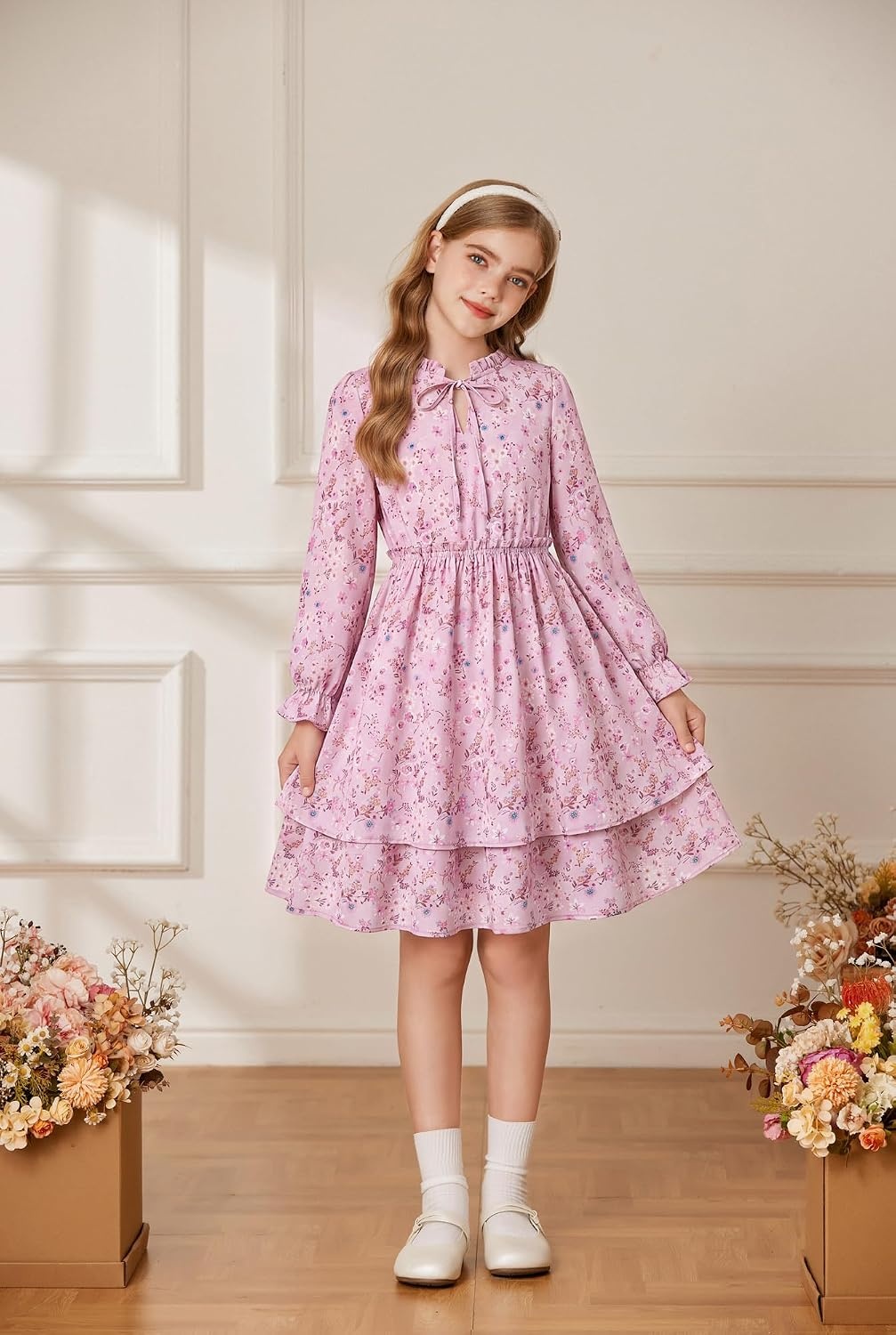image:imageGRACE KARIN Girls Fall Long Sleeve Floral Casual Tie Neck Dresses Size 714Gray Pink Floral