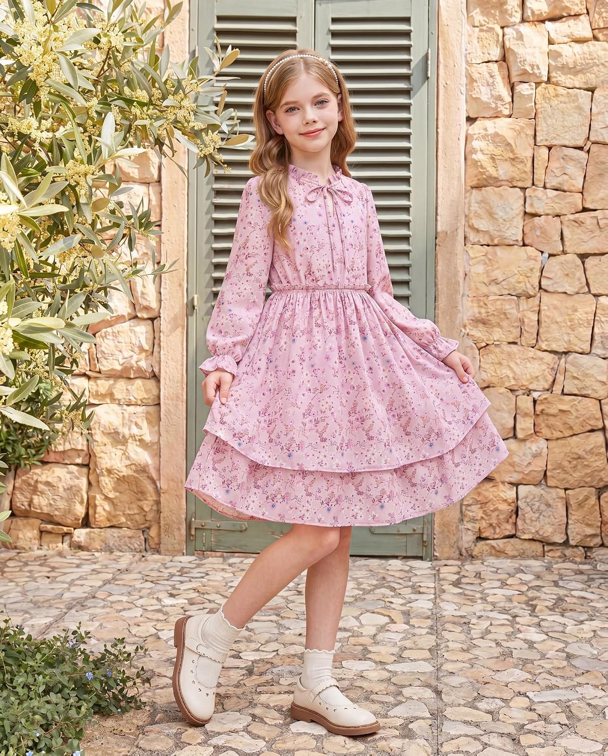 image:imageGRACE KARIN Girls Fall Long Sleeve Floral Casual Tie Neck Dresses Size 714Gray Pink Floral