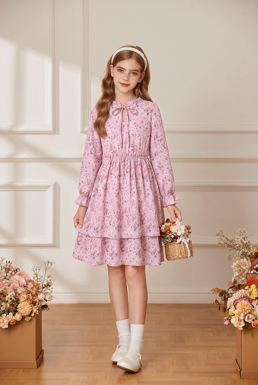 image:imageGRACE KARIN Girls Fall Long Sleeve Floral Casual Tie Neck Dresses Size 714Gray Pink Floral