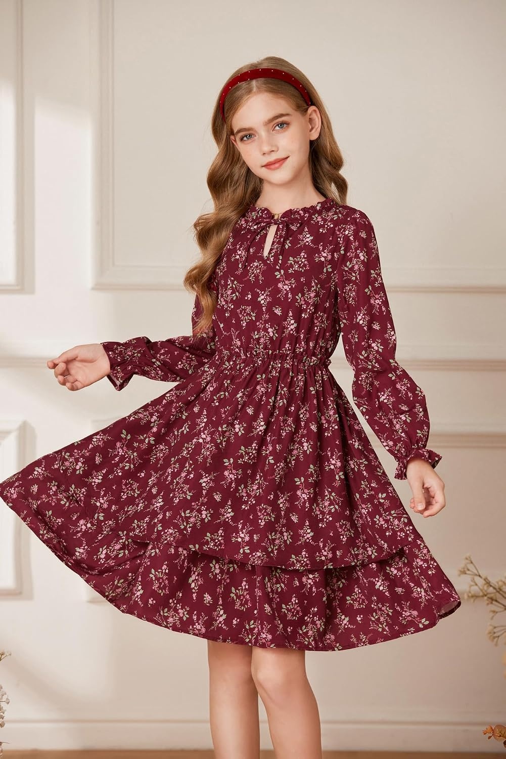 image:imageGRACE KARIN Girls Fall Long Sleeve Floral Casual Tie Neck Dresses Size 714Wine Red
