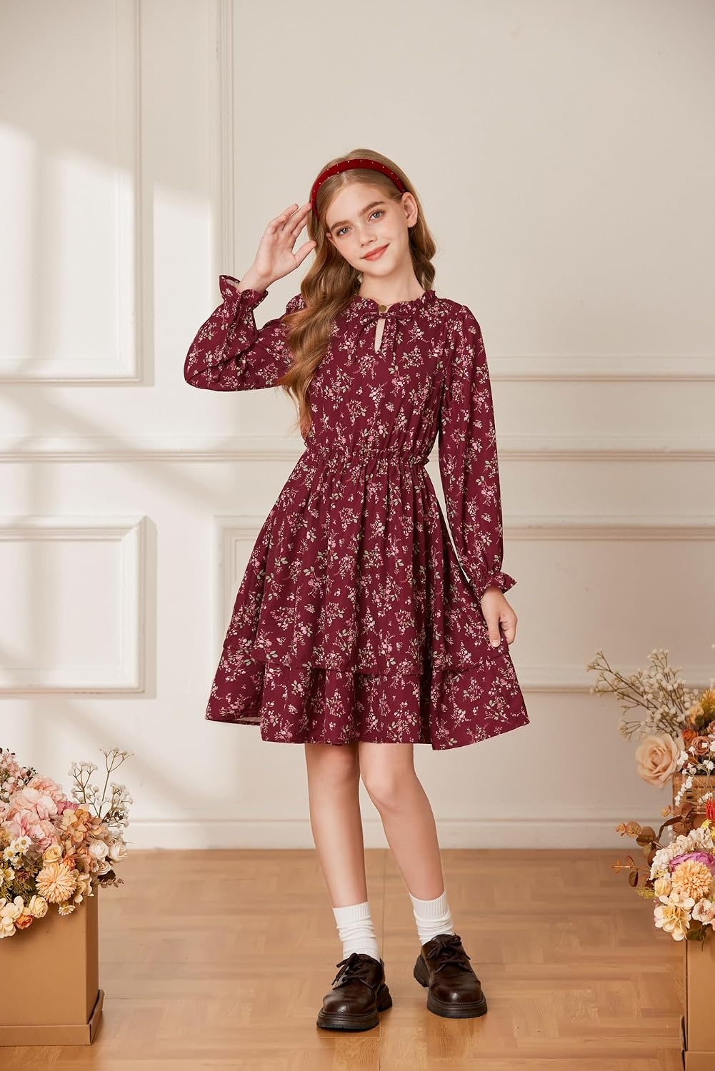 image:imageGRACE KARIN Girls Fall Long Sleeve Floral Casual Tie Neck Dresses Size 714Wine Red