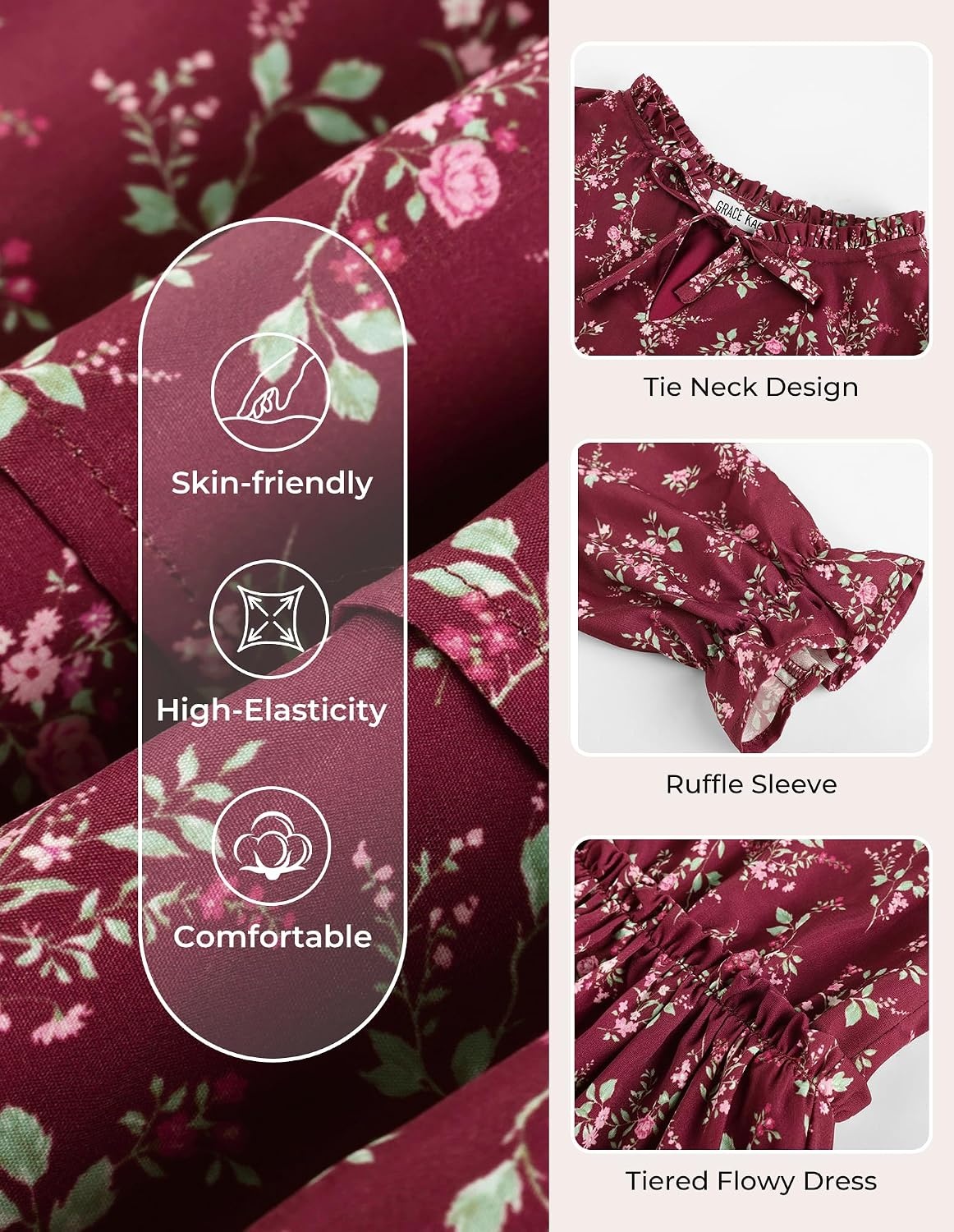 image:imageGRACE KARIN Girls Fall Long Sleeve Floral Casual Tie Neck Dresses Size 714Wine Red