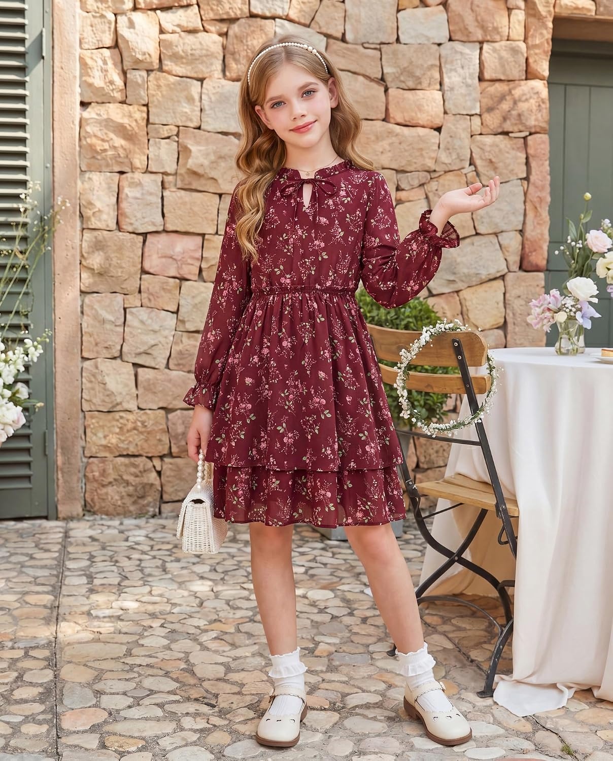 image:imageGRACE KARIN Girls Fall Long Sleeve Floral Casual Tie Neck Dresses Size 714Wine Red
