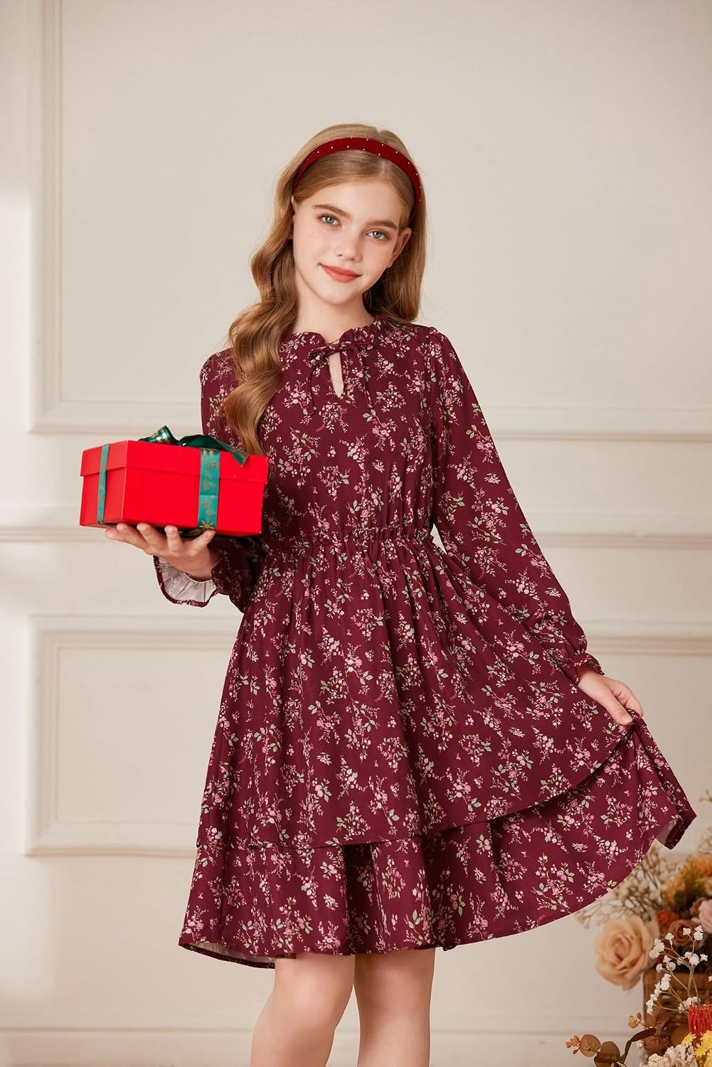image:imageGRACE KARIN Girls Fall Long Sleeve Floral Casual Tie Neck Dresses Size 714Wine Red