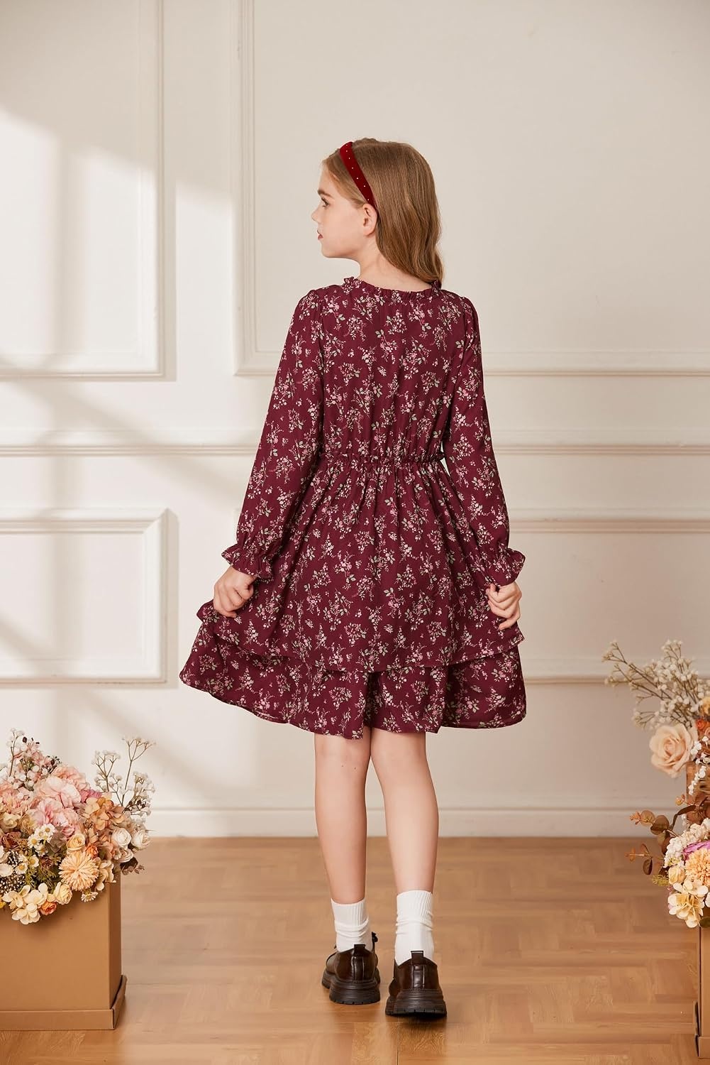 image:imageGRACE KARIN Girls Fall Long Sleeve Floral Casual Tie Neck Dresses Size 714Wine Red