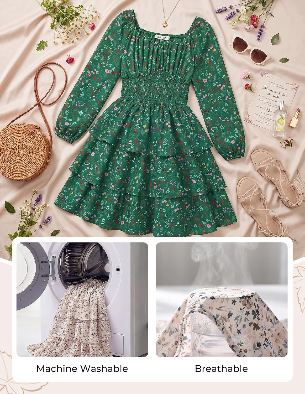 image:imageGRACE KARIN Girls Fall Long Sleeve Floral Christmas Cute Shirred Dress 716Green Flower