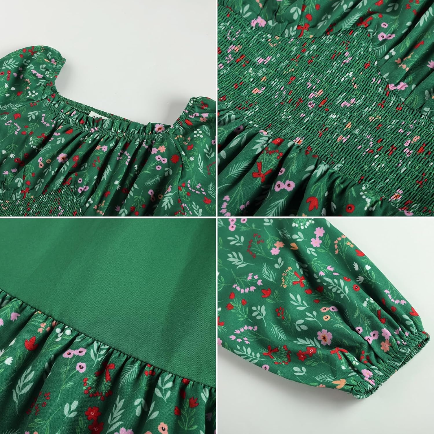 image:imageGRACE KARIN Girls Fall Long Sleeve Floral Christmas Cute Shirred Dress 716Green Flower