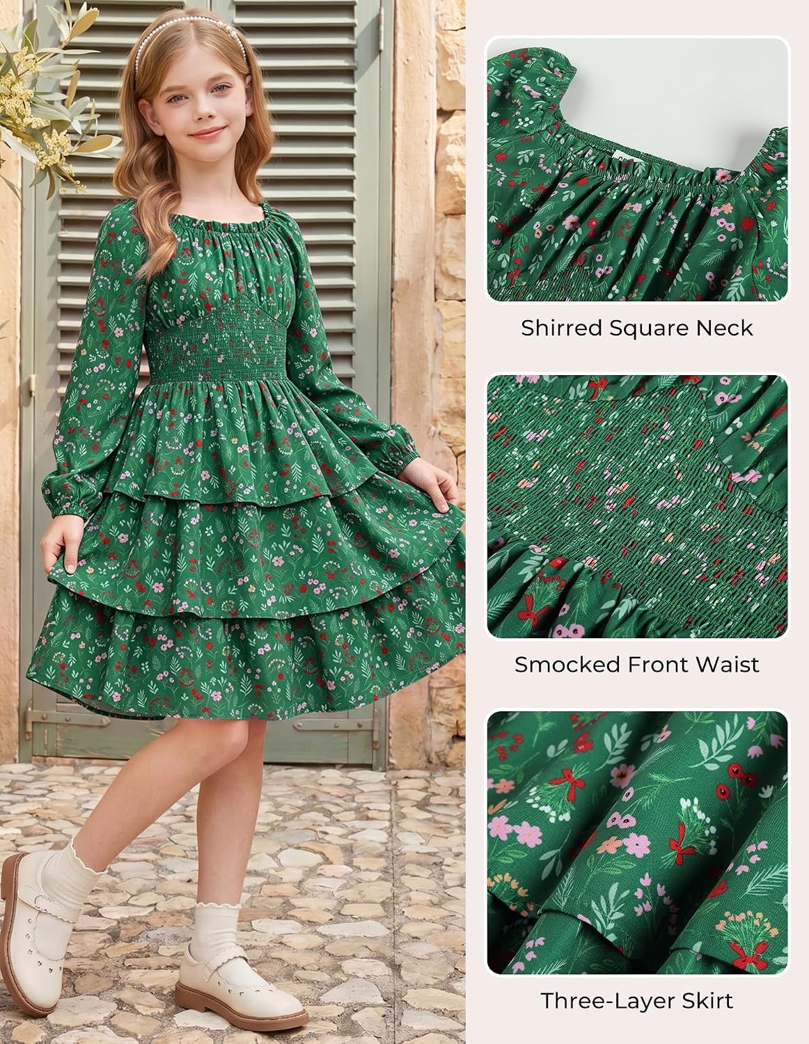 image:imageGRACE KARIN Girls Fall Long Sleeve Floral Christmas Cute Shirred Dress 716Green Flower