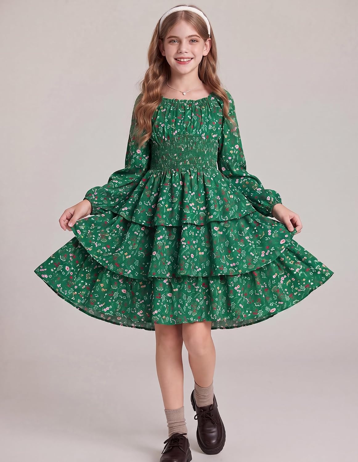 image:imageGRACE KARIN Girls Fall Long Sleeve Floral Christmas Cute Shirred Dress 716Green Flower