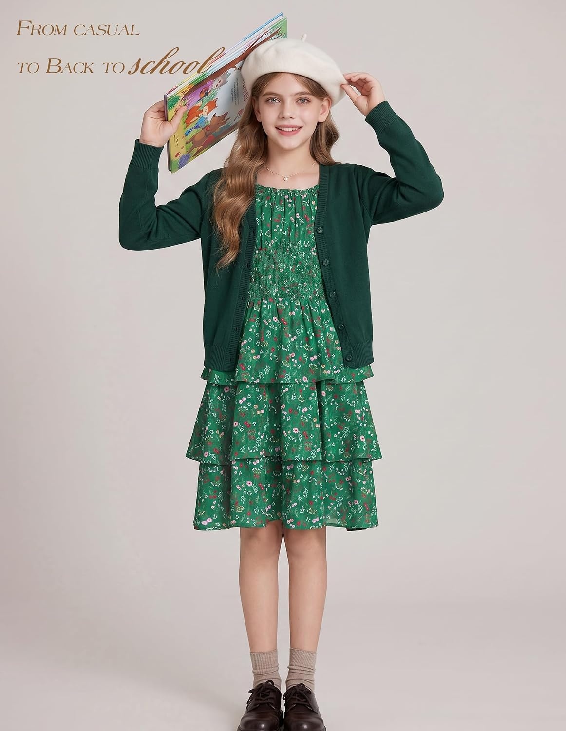 image:imageGRACE KARIN Girls Fall Long Sleeve Floral Christmas Cute Shirred Dress 716Green Flower