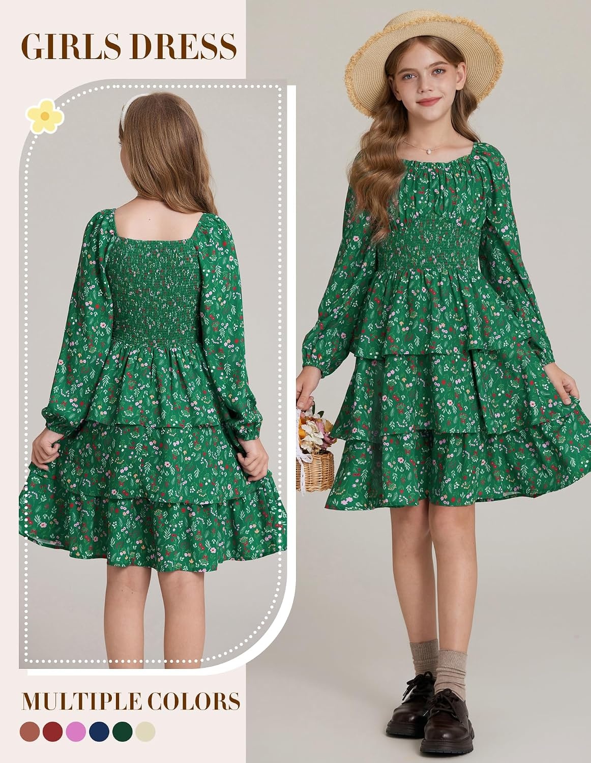 image:imageGRACE KARIN Girls Fall Long Sleeve Floral Christmas Cute Shirred Dress 716Green Flower