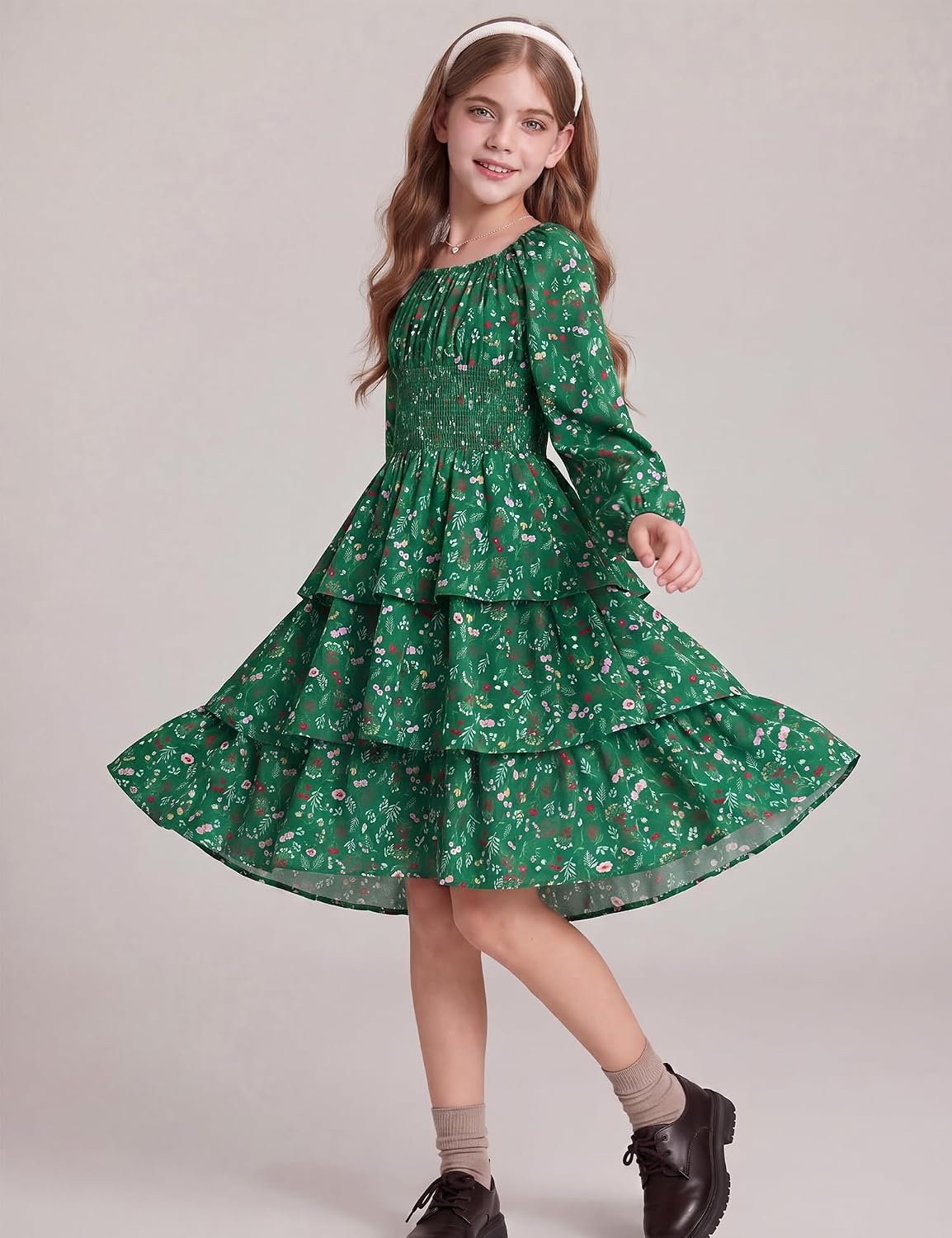image:imageGRACE KARIN Girls Fall Long Sleeve Floral Christmas Cute Shirred Dress 716Green Flower