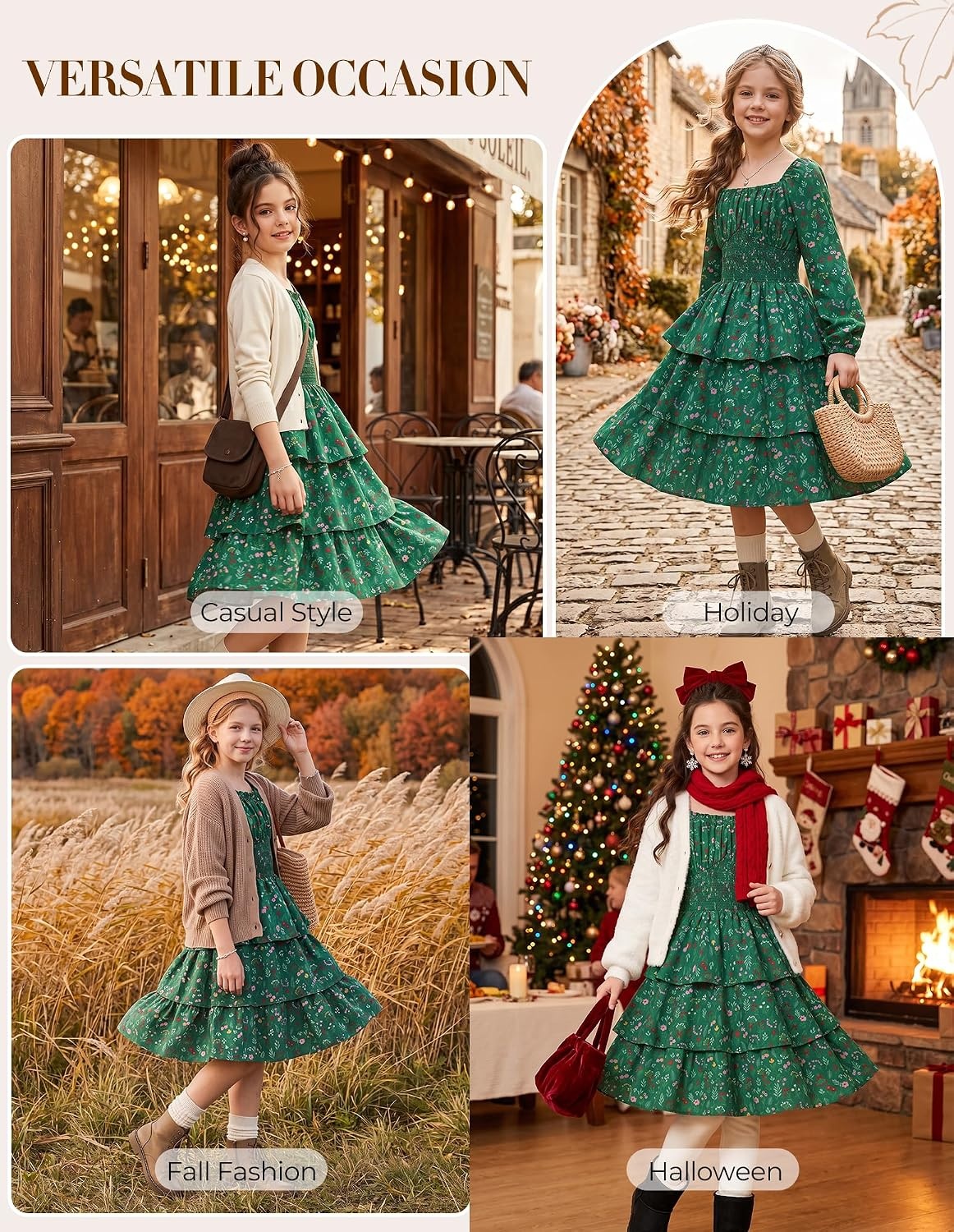 image:imageGRACE KARIN Girls Fall Long Sleeve Floral Christmas Cute Shirred Dress 716Green Flower